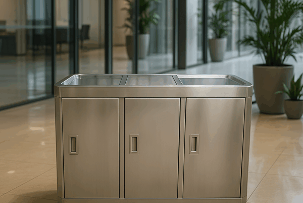 Tempat sampah stainless 3 pintu tutup swing untuk area publik dari Jayastainless
