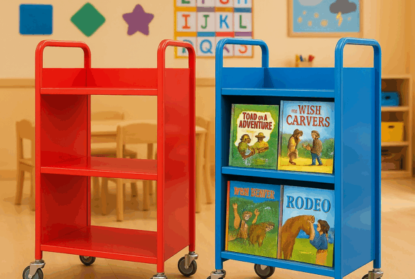 Troli rak buku 1 muka warna merah dan biru dengan roda, cocok untuk sekolah dan perpustakaan.