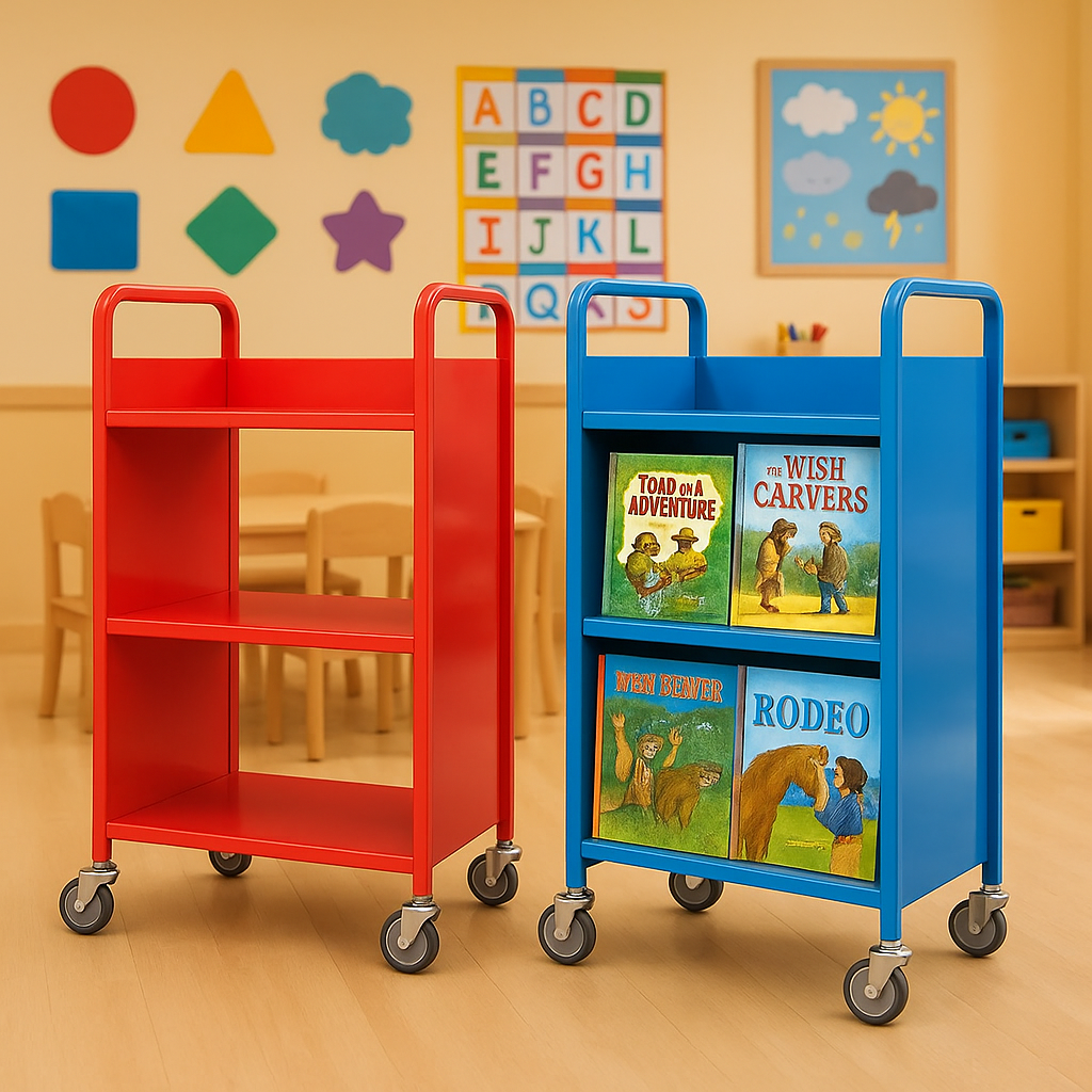 Troli Rak Buku 1 Muka – Troli Buku Dorong Warna Custom untuk Sekolah & Perpustakaan