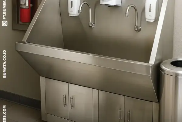 Scrub station stainless SWPS2P dengan UV sterilizer, kran injak, dan sensor otomatis di ruang medis rumah sakit