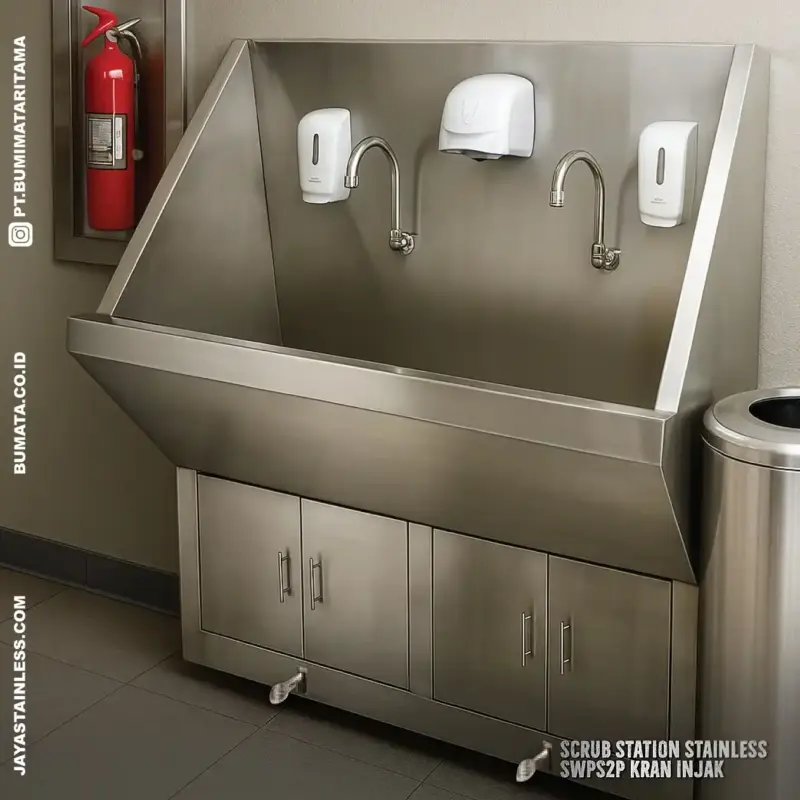 Scrub station stainless SWPS2P dengan UV sterilizer, kran injak, dan sensor otomatis di ruang medis rumah sakit