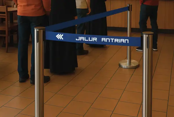 Fitur lengkap tiang antrian stainless dengan sistem pita tarik otomatis dan base kokoh