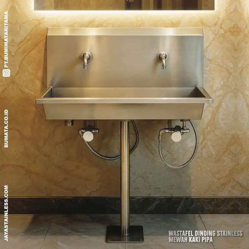 Wastafel stainless dinding dua keran dengan kaki pipa kokoh dan desain minimalis